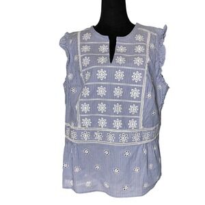 Boden Eyelet Top Blue White‎ Striped Ruffle Sleeveless Women's US 18